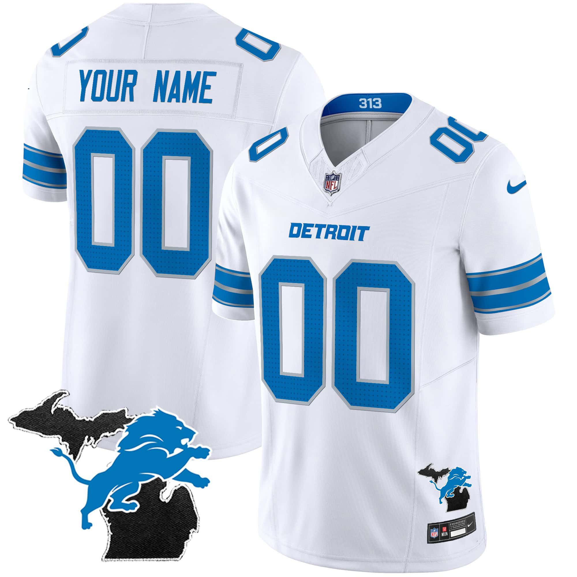 Men Detroit Lions White 2024 Nike Michigan Patch Vapor Limited Custom NFL Jersey